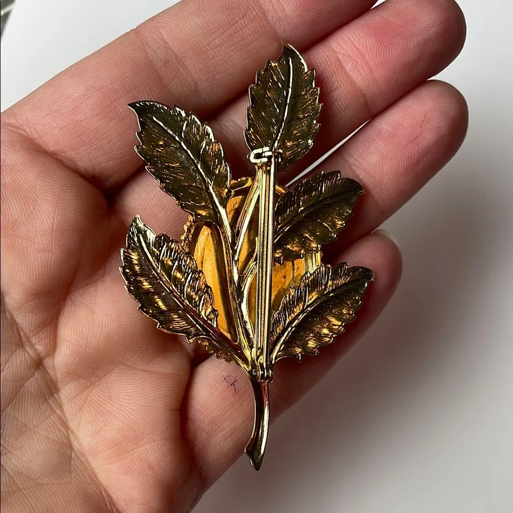Vintage Leaf Brooch with Multicolor Stones